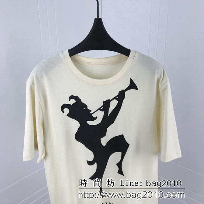 GUCCI古馳 19ss春季新款 人物吹嗩呐 後背花朵印花圖案 純棉汗布短袖 男女同款 ydi1736